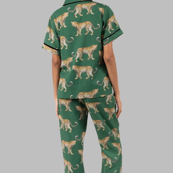 Green Cheetah Print Short Sleeve Shirt and Pants Pajama Set - Picture 2 of 16